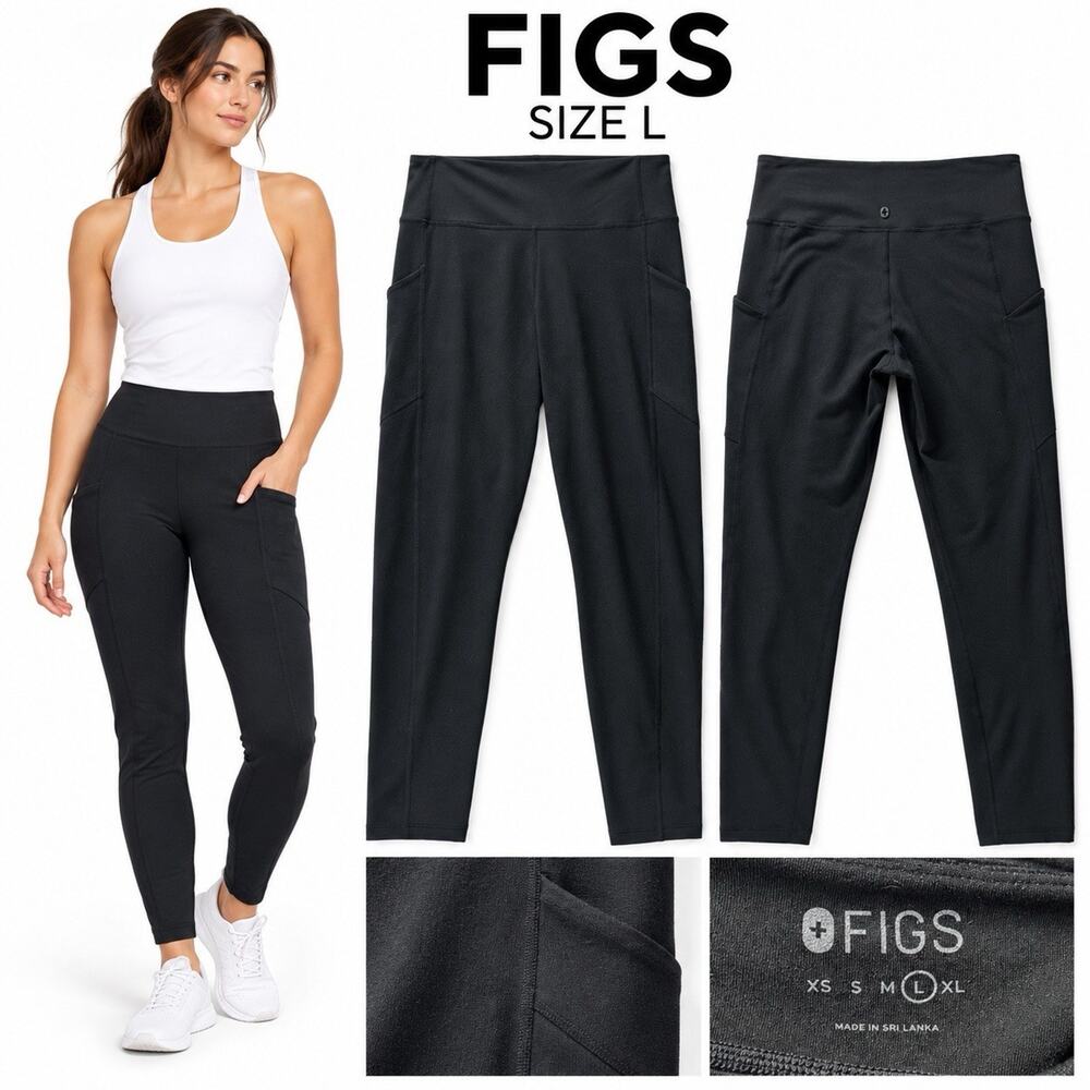 FIGS Womens Leggings Large Black High Rise Side Pockets Stretch Yoga Activewear